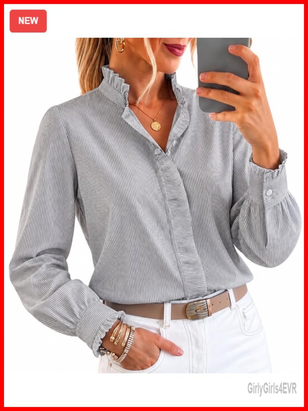 Women's Striped Ruffle Collar Button Down Blouse Puff Sleeve